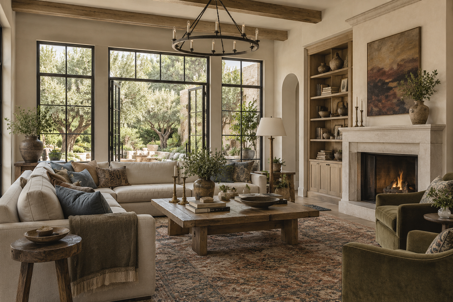 Warm California living room with a limestone fireplace and garden views