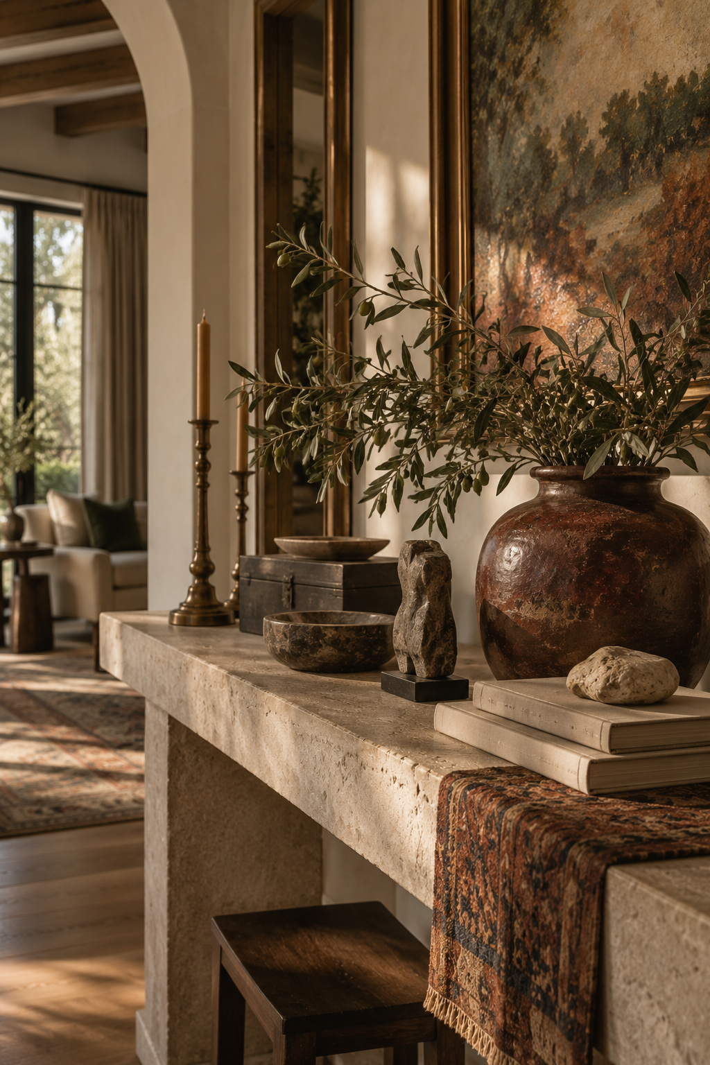 Collected objects, olive branches, and artwork on a limestone console